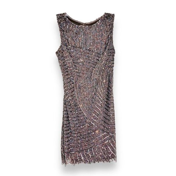 AIDAN MATTOX Formal Dark Grey, Open Back Sequin Beaded Sparkly Mini Dress SIZE 8 - Picture 1 of 15